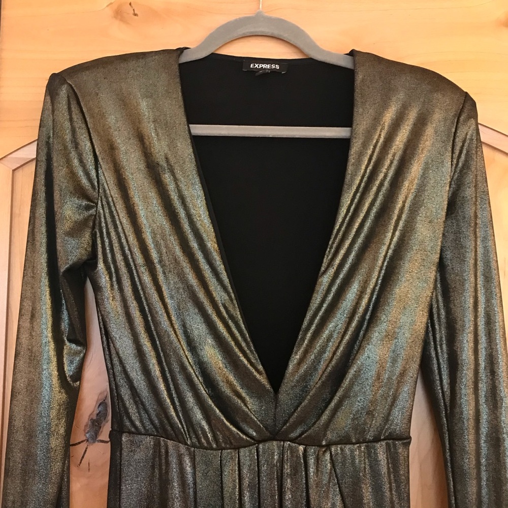 Express Deep V Cut Silver Metallic Party Dress